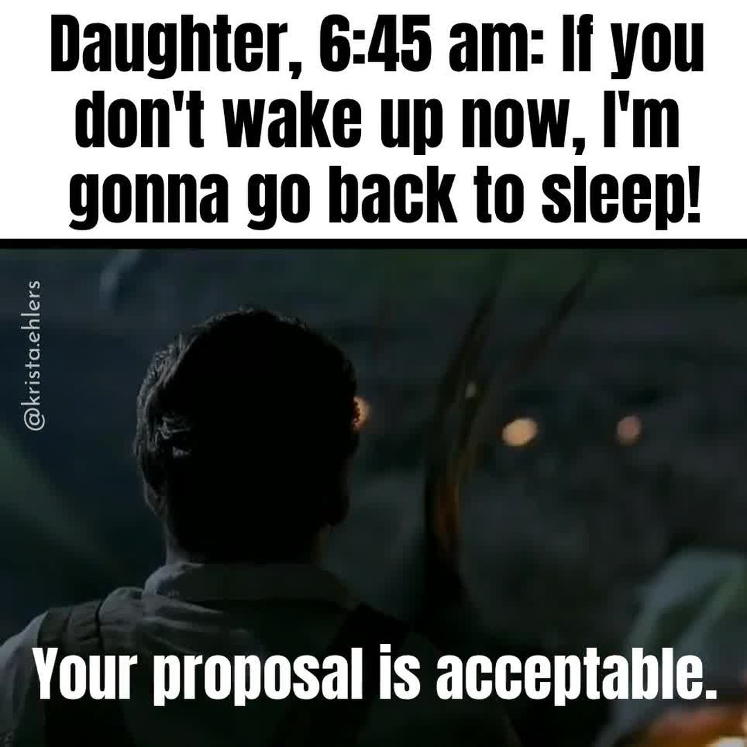 Daughter woke me up rudely early this morning to show me something cool.

I don't know what it was - I refused to open my eyes, because I don't want to encourage that kind of behavior. 

Then, she came at me with *this* threat! Let me get this straight: 
If I STAY asleep,
You'll GO to sleep.

❤ if you'd like your kids to threaten you with this, too.

#sleepinginmybed #tiredmomlife 
#momoftweens #momoftween #parentofteens 
#momsirl #momtruths
#momcom #momcomedy #funnymommy
#gratefulmom #momlifebestlife #thatmomlifetho
#honestparenting #honestparents #realparenting
#marriedwithchildren #christianmarriage
#parenthoodunplugged #parenthumor #parentinglikewhoa
#momprobs #parentproblems
#kidmemes #kidssaythedarndestthings
#christianhumor #christianjokes #churchfunny #christianmeme
#domestictradecraft